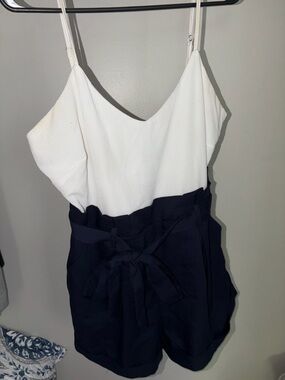 White & Navy Two-Tone Romper with Tie Waist